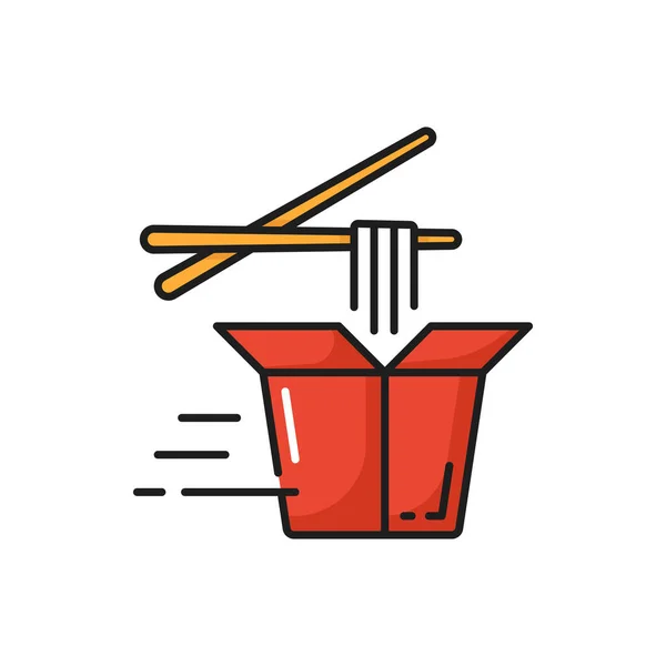 用筷子固定食品运送图标的面条盒被隔离 病媒在网上订购速递食物包 中国菜或泰国菜 外卖食品标签 配上蔬菜和炸猪肉的面食 — 图库矢量图片