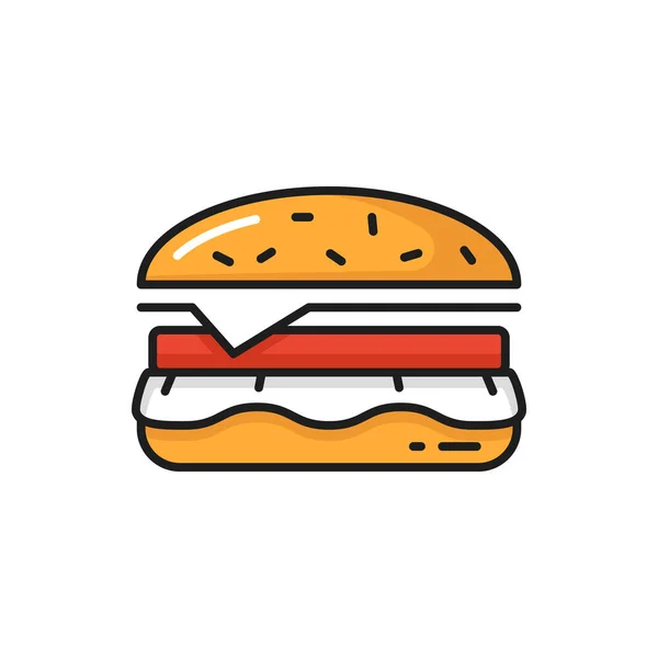 ハンバーガーファーストフードスナック食品配達アイコンは隔離されています ベクトルチーズバーガーまたはみじん切り肉 チーズ 野菜とおいしいバーガー テイクアウトストリートフードデリバリー ハンバーガーオンライン注文 — ストックベクタ