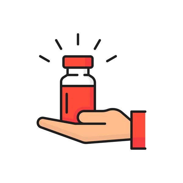 手を保持薬赤ボトル隔離カラーラインアイコン ベクトル薬局の治療 抗ウイルス薬 コロナウイルス保護 瓶の中の健康な血液 予防接種 — ストックベクタ