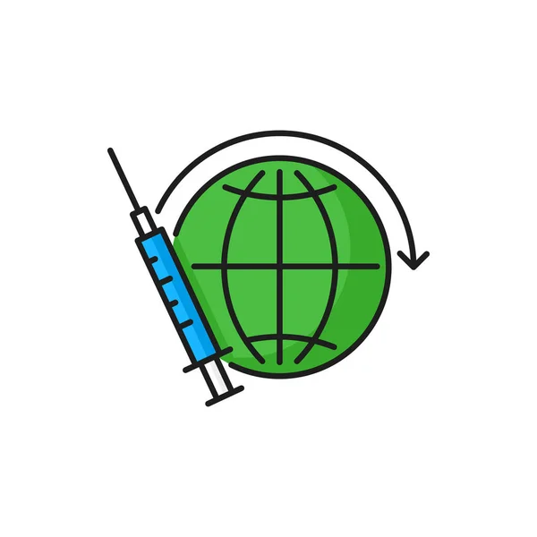 Coronavirus Aşısı Şırıngası Dünya Enjeksiyonu Izole Edilmiş Renk Çizgisi Ikonu — Stok Vektör
