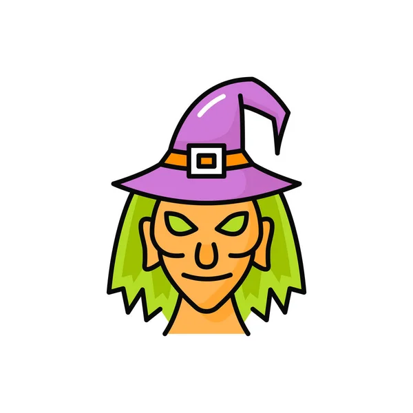 帽子で醜い古い魔女孤立した頭の顔のラインアイコン 古いファッションのヘッドウェアでベクターハロウィーンの女性 魔術師ババ 恐ろしい魔法の邪悪な女性の魔術醜い顔 紫色の帽子の緑の髪 — ストックベクタ