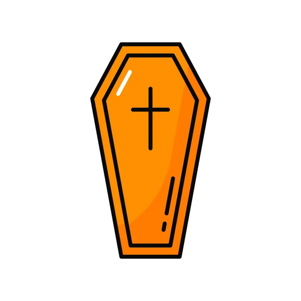 葬儀は棺の埋葬ボックスの独立したカラーラインのアイコンを閉じた ベクトルハロウィーンのシンボル 最後のベッド 木製の箱 死者と埋葬閉鎖ケース 埋葬や火葬のための木材の長い狭いケース — ストックベクタ