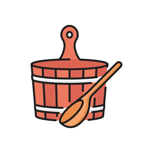 Wooden Bucket Ladle Sauna Bathing Equipment Isolated Color Icon Vector — Stock Vector