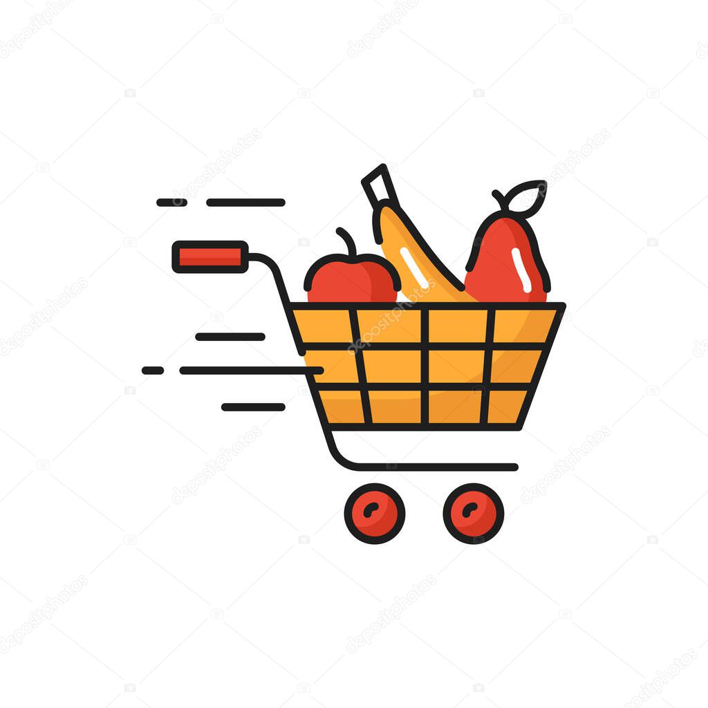 Shopping cart, grocery products online fast delivery isolated. Vector online order and delivery, trolley with retail basket, online deliver shoppingcart pushcart with food, buyers bag with fruits