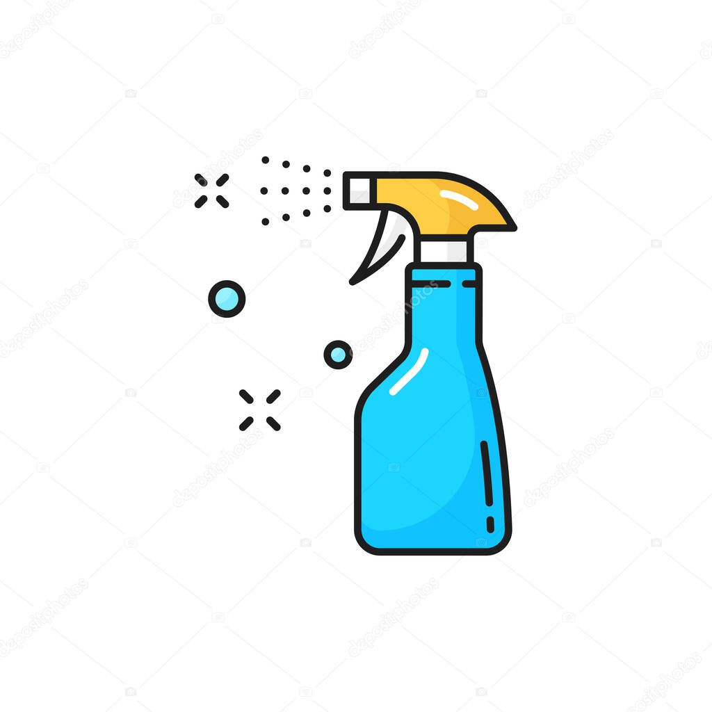 Sprayer disinfection cleaner isolated blue spray bottle color line icon. Vector cleaning, washing and disinfection sprayer. Antibacterial alcohol agent, sanitizer. Household chemical in flat style