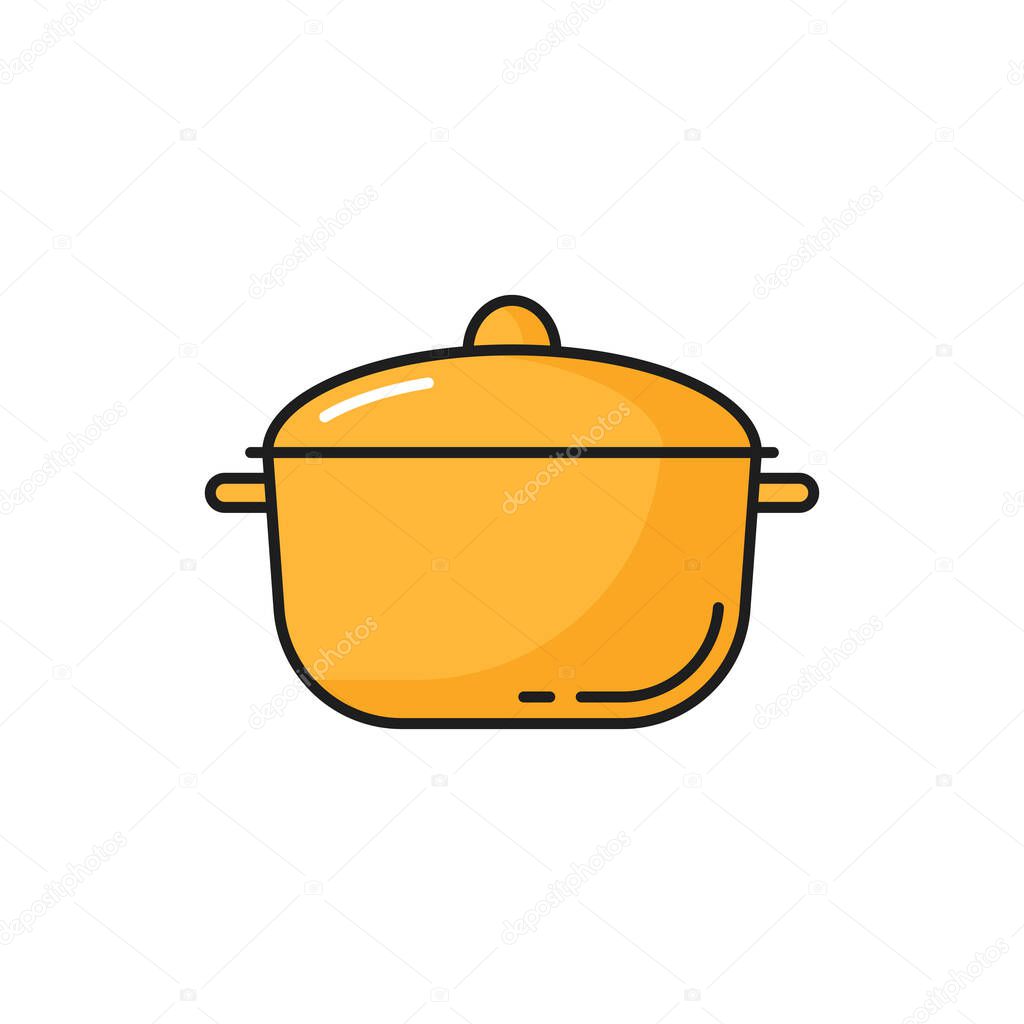 Saucepan, yellow kitchenware cooking pot isolated line icon. Vector metal large dishware object to boil water, prepare soup, stew food on steam. Stainless steel chef saucepan cookware item, casserole