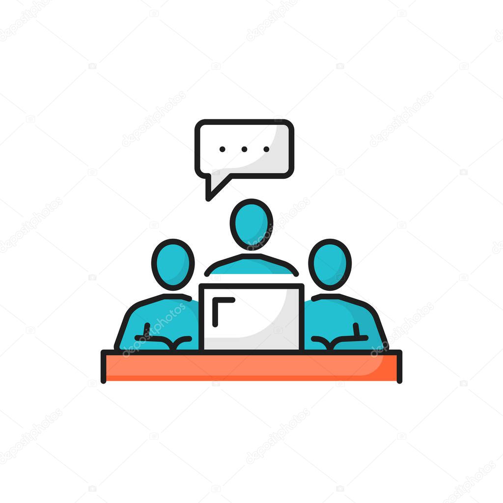 Team working together on computer, chat bubble isolated color line icon. Vector copywriters or writers typing text, distance education and examination. Chat online support, content editors typewriters
