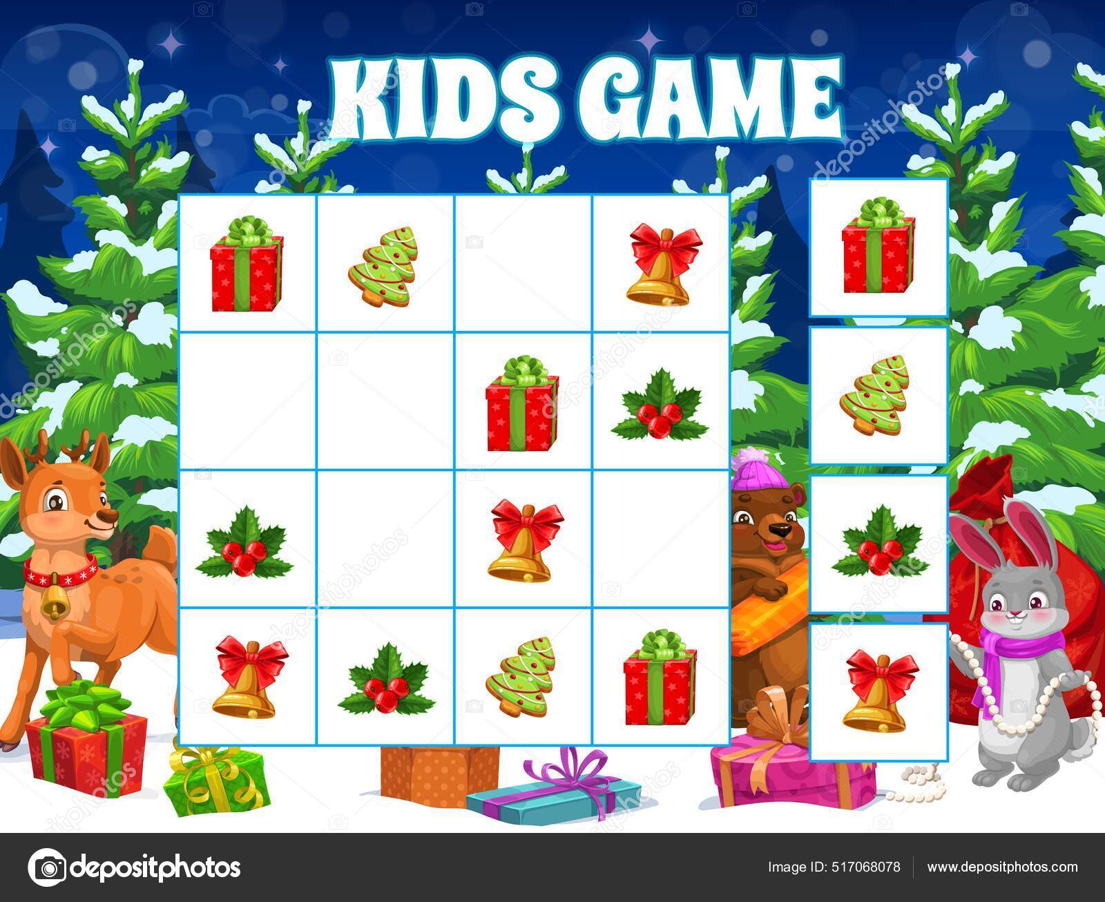 Jogo ou quebra-cabeça de natal de inverno sudoku para crianças