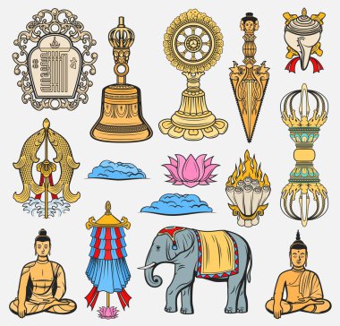 Budizm, Hint dini kutsal sembolleri. Meditasyon yapan Buda, iki Japon balığı ve fil, elmas Vajra, zafer bayrağı ve nilüfer çiçeği, Kila bıçağı, deniz kabuğu ve dharma çarkı, kalachakra sembolü