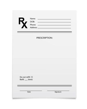 Tıbbi reçeteli RX formu, eczane ve hastane gerçekçi vektör kağıdı boş. Hasta ilaçları ve hapları doldurmak için RX reçetesi veya doktor ve eczacı not defteri veya ilaç belgesi