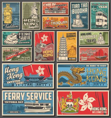 Hong Kong şehir seyahat posterleri, mimari simgeler, din vektör sembolleri ve cazibeler. Hong Kong bayrağı ve arması, feribot, ejderha, tramvay, Buda ve deniz tanrıçası, Budist tapınağı, hurda