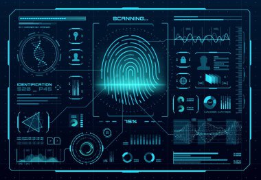 HUD biyometrik erişim kontrol arayüzü. Parmak izi tarayıcısı, dijital tanımlama ya da kimlik doğrulama teknolojisi. Neon parlayan bilgi ögeleri, DNA, grafikler ve grafikler içeren vektör başparmak izi
