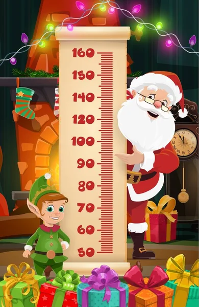 クリスマスの子供の高さはサンタと自己に贈り物の成長指標を示しています 漫画のキャラクターの自己とサンタクロース スケール クリスマスのガーランドを持つ子供のためのベクトル壁のステッカーメーターとプレゼント — ストックベクタ