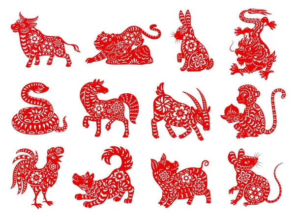 Chinese Zodiak Horoscoop Dieren Rode Papercut Vector Tekens Astrologie Kalender — Stockvector