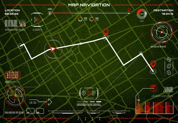 Hud Navigasyon Arayüzü Tehlike Kontrolü Şehir Haritası Navigasyon Ekranı Yeşil — Stok Vektör