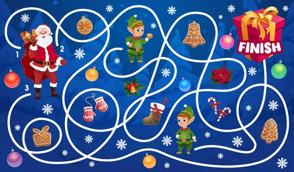 サンタと自己の文字を持つ子供たちのためのクリスマス迷路 子供の迷路ゲーム 子供のパス冬の休日の遊び活動を見つける キャンディ ジンジャーブレッドクッキーとストッキング ギフトボックス漫画ベクトル — ストックベクタ