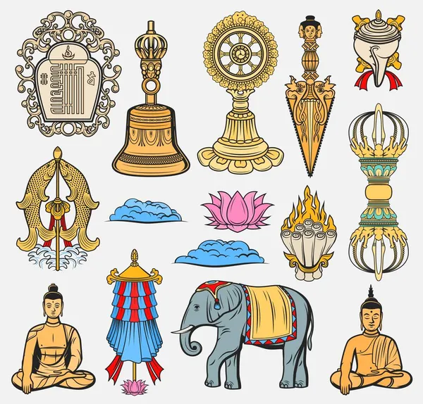 Buddhizmus Indiai Vallás Szent Szimbólumok Meditáló Buddha Két Aranyhal Elefánt — Stock Vector