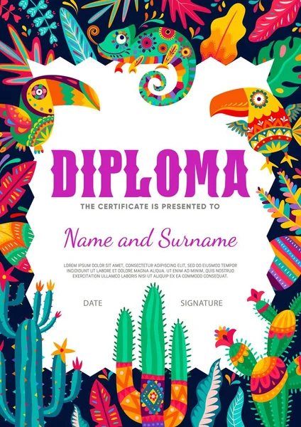 Diploma Fumetto Bambini Turisti Messicani Camaleonti Cactus Certificato Vettoriale Premio — Vettoriale Stock