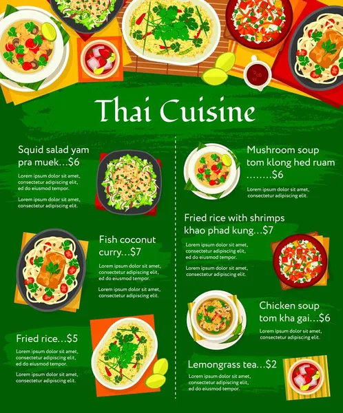 Ταϊλανδέζικη Κουζίνα Διάνυσμα Μενού Πρότυπο Μανιταρόσουπα Tom Klong Hed Ρούαμ — Διανυσματικό Αρχείο
