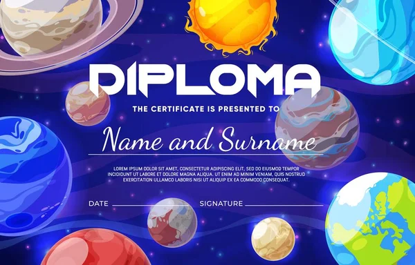Kids Diploma Cartoon Galaxy Space Nebula Planets Education Certificate Kids — Stock Vector