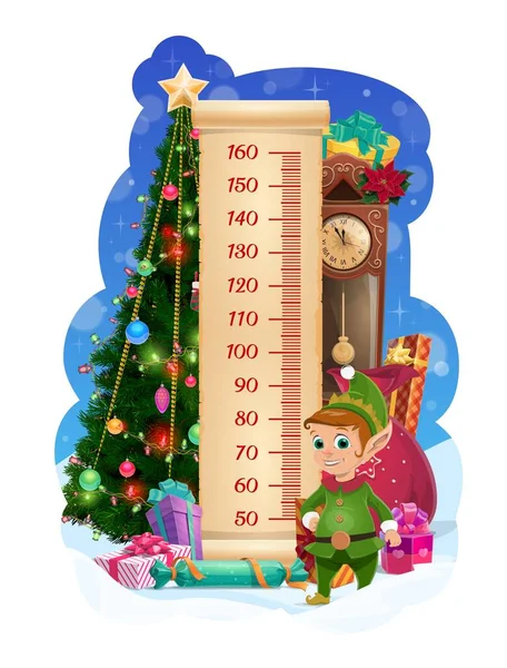 クリスマスツリーと面白い自己と子供の高さチャート 子供の成長は クリスマスツリー レトロな時計にギフトや輝くガーランドを包んだ漫画ベクトルかわいいエルフの文字 冬の休日とメートルを測定します — ストックベクタ