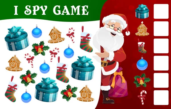 子供クリスマス私は教育ゲームをスパイする 子供の数学の謎 検索とカウントタスクで活動を果たしている子供たち サンタの文字 ギフトやクリスマスツリーの装飾品 お菓子 ストッキング漫画ベクトル — ストックベクタ