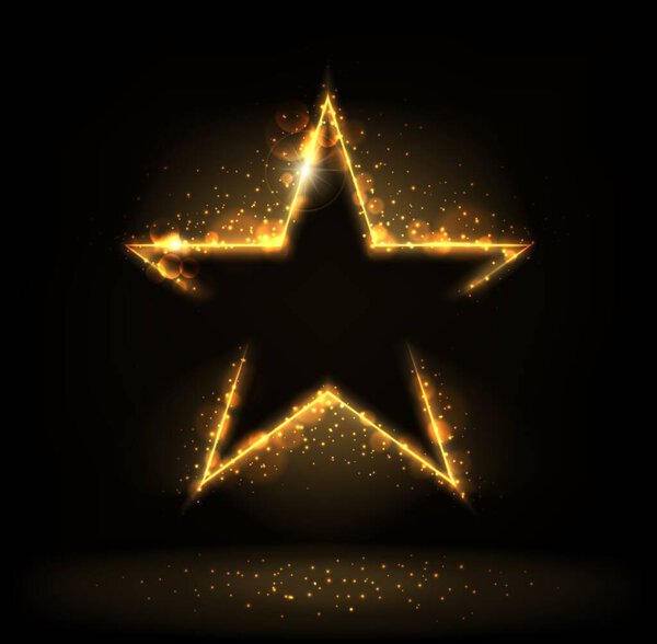 Golden star with sparkle, glitter, stardust and glow bokeh, shiny gold star. Vector star with glowing edges, empty border with shimmer and lens flare effect. Award celebration template background