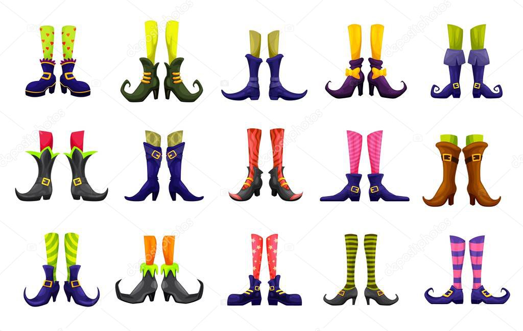 Cartoon vector legs of fairy, witch, sorceress, hellcat, elf and enchantress. Halloween, fairytale, christmas or saint patrick day characters. Cute funny feet in boots, striped stoking and nosy shoes