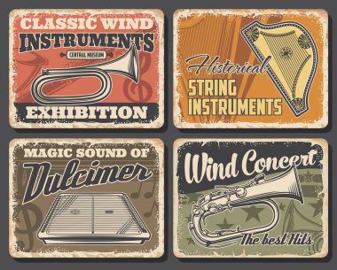 Caz, klasik ve etnik orkestra enstrümanlı müzik konseri posterleri. Arp, saksafon, korna ve saksafon, cimbalom, müzik notaları ve trible anahtar retro davetiye tasarımı.