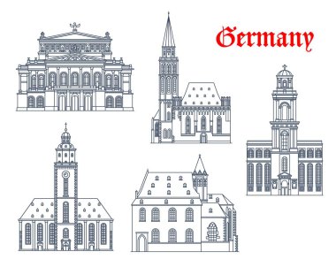 Almanya, Frankfurt mimari binaları ve şehir simgeleri, vektör. St. Catherine, Saint Paul ve Leonhard kiliseleri, Eski Opera konser salonu ve Alte Nikolaikirche, Frankfurt am Main, Almanya