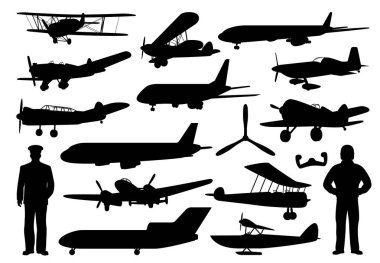 Uçak ve pilot siyah siluetler, vektör uçaklar, havacılık ve hava ulaşımı. Eski ve modern uçaklar, havacı ve kaptan, çift kanatlı, jet uçağı, tek kanatlı ve deniz uçağı, pervane, kontrol tekerleği