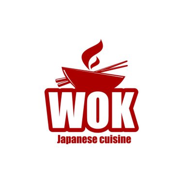 Wok simgesi. Çin ve Japon mutfağı buharlı. Asya mutfağı restoranı, fast food bistro vektör etiketli kafe, doğu tavalı amblem veya ikon ya da pişirme tenceresi, bambu çubukları ve buhar.