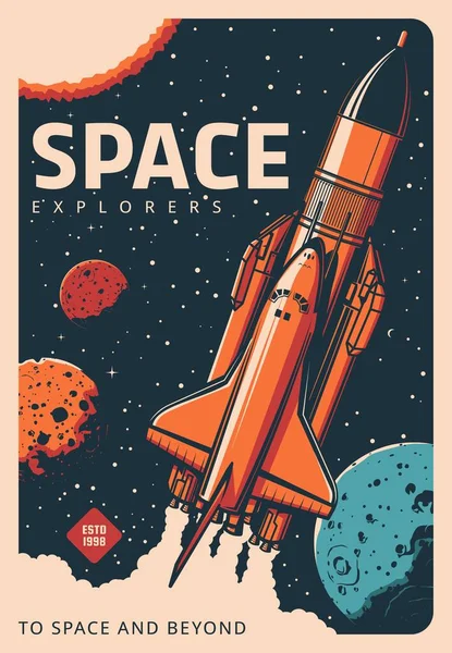 Poster Rétro Vaisseau Spatial Dans Galaxie Exploration Recherche Spatiales Mission — Image vectorielle