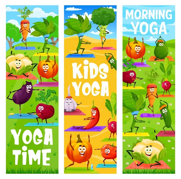 Çocuklar Yoga Fitness Çizgi Film Sebze Yogası Pilates Vektör Çim — Stok Vektör