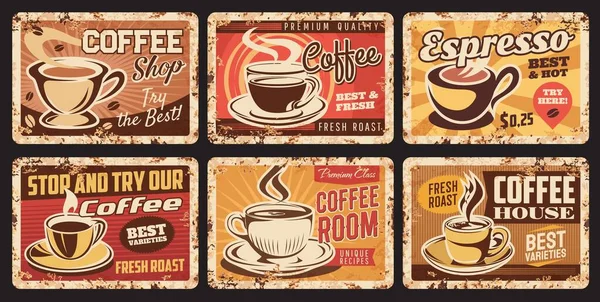 カフェ コーヒーショップやバーベクトルデザインのコーヒーヴィンテージの兆候 エスプレッソカップ入りのレトロな金属製のバナーと焙煎豆 ラテトやカプチーノカフェイン飲料のマグカップやソーサー — ストックベクタ