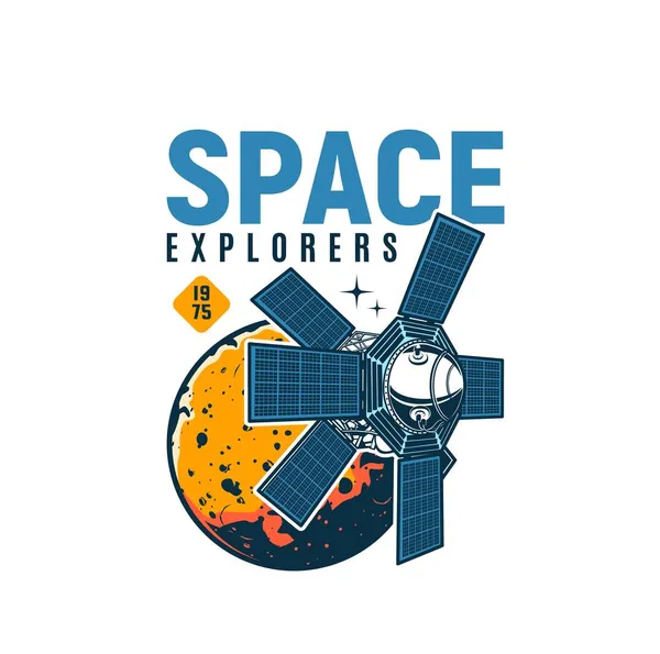 Uzay Kâşifi Simgesi Yabancı Gezegenin Yörünge Taşıyıcı Amblemindeki Telekomünikasyon Uydusu — Stok Vektör