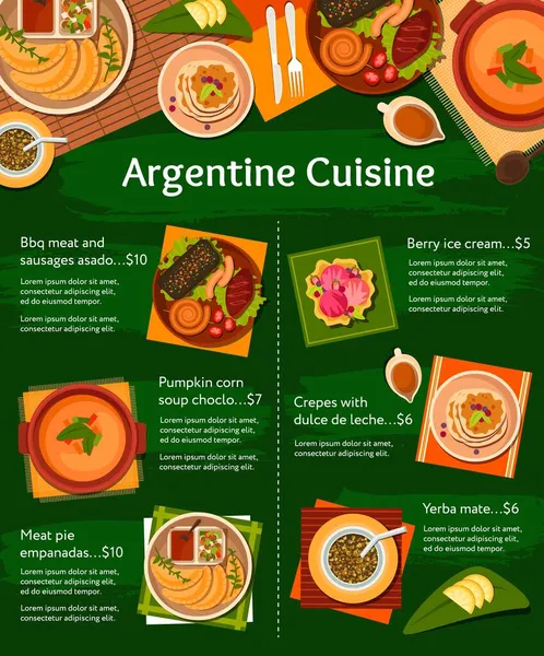 Menù Vettoriale Cucina Argentina Con Piatti Carne Barbecue Zuppa Verdure — Vettoriale Stock