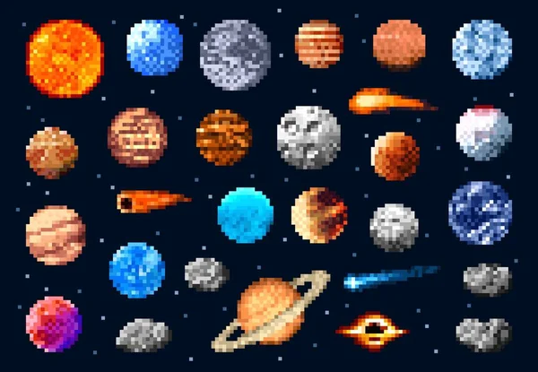 Pixel Planètes Spatiales Étoiles Astéroïdes Comètes Univers Galaxie Satellite Météorite — Image vectorielle