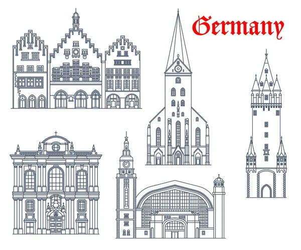 德国法兰克福 慕尼黑和汉堡的建筑和旅游地标 布尔热萨教堂 拉瑟斯 Romer Rathaus 或市政厅 埃申海姆塔 Eschenheim Tower — 图库矢量图片