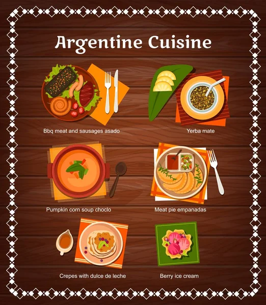 Argentine Cuisine Restaurant Menu Vector Dishes Meat Vegetables Barbecue Chorizo — Stock Vector