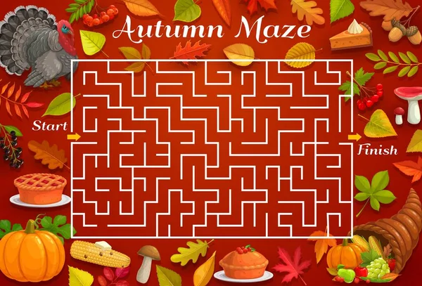 Labyrinthe Automne Jeu Labyrinthe Vecteur Avec Dinde Thanksgiving Corne Abondance — Image vectorielle