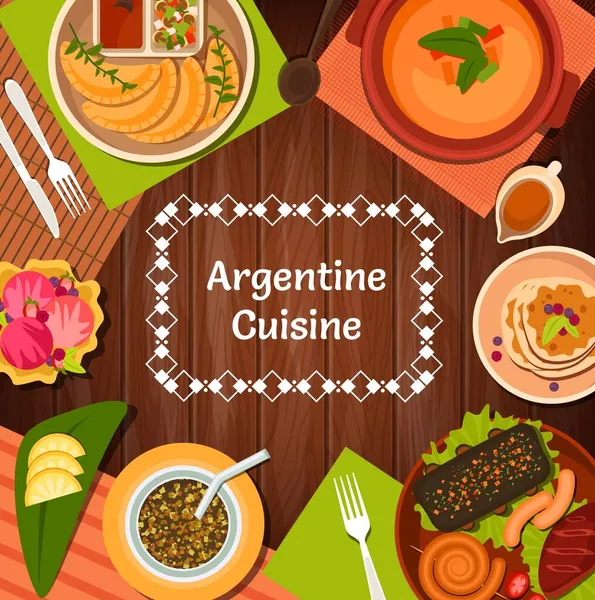 阿根廷餐馆的菜单上都是病媒阿根廷菜式 烤肉与什锦腊肠 凤尾鱼派 叶芝和蔬菜汤 软糖和冰淇淋一起吃 — 图库矢量图片