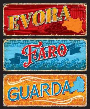 Evora, Faro ve Guarda, Portekiz plakaları, vektör seyahat işaretleri. Portekiz şehirleri ve vilayetlerinde hoş geldin sloganları ya da turizm manzarası ve turistik mekanlar bulunan bagaj etiketleri