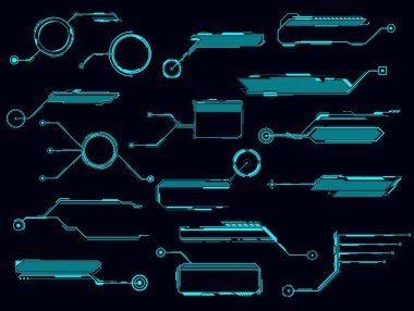 HUD fütüristik görüntü ve ekran, bilgi kutuları, ui arayüzü. Vektör neon parlaması grafik tasarım elementleri ile sınırlıdır. Oyun menüsü için bilgi panelleri, çağrı başlıkları, teknolojik dijital çubuklar, kullanıcı uygulaması seti