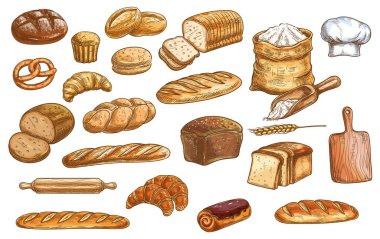 Ekmek ve pasta. Fırın ürünleri izole edilmiş çizimleri renklendiriyor. Buğday, çavdar ve makarna ekmeği, baget ve challah, kruvasan, kraker, un, merdane ve kesme tahtası, şef toque vektör seti