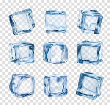 Buz küpleri, şeffaf arkaplanda izole edilmiş gerçekçi kristal buz blokları. 3D vektör mavi cam buzlu içecekler soğutma için, temiz kare donmuş su blokları alkol veya kokteyl içecekleri için ayarlandı