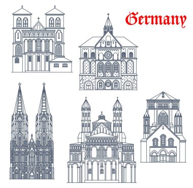 Almanya, Köln 'ün mimari binalarını ve simgelerini gezer. St. Gereon Bazilikası 'nın Alman mimarisi, St Cunibert veya Kunibert ve Saint Andrew Kilisesi, Köln Katedrali