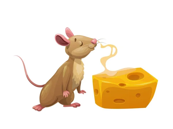 Souris Dessin Animé Fromage Fumé Mignon Caractère Rat Vecteur Profiter — Image vectorielle