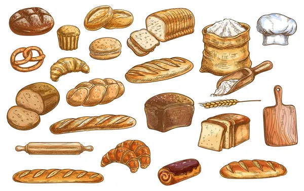 パンとペストリー ベーカリー製品の色分離スケッチ ライ麦とプルマンパン バゲットとチャラ クロワッサン プレッツェル 小麦粉 圧延ピンとまな板 シェフトックベクトルアイコンセット — ストックベクタ