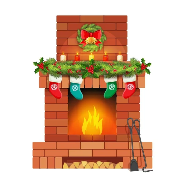 Chimenea Ladrillo Navidad Con Campanas Hoja Acebo Medias Navidad Velas — Archivo Imágenes Vectoriales